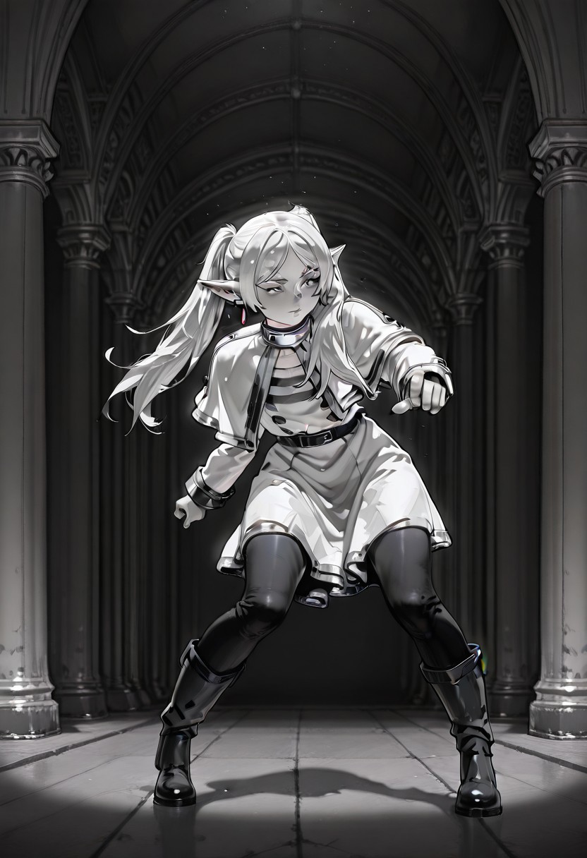 lazypos, greyscale, IronW40k, exagg3rat3dp0s3, exaggerated pose, dynamic pose, Frieren,