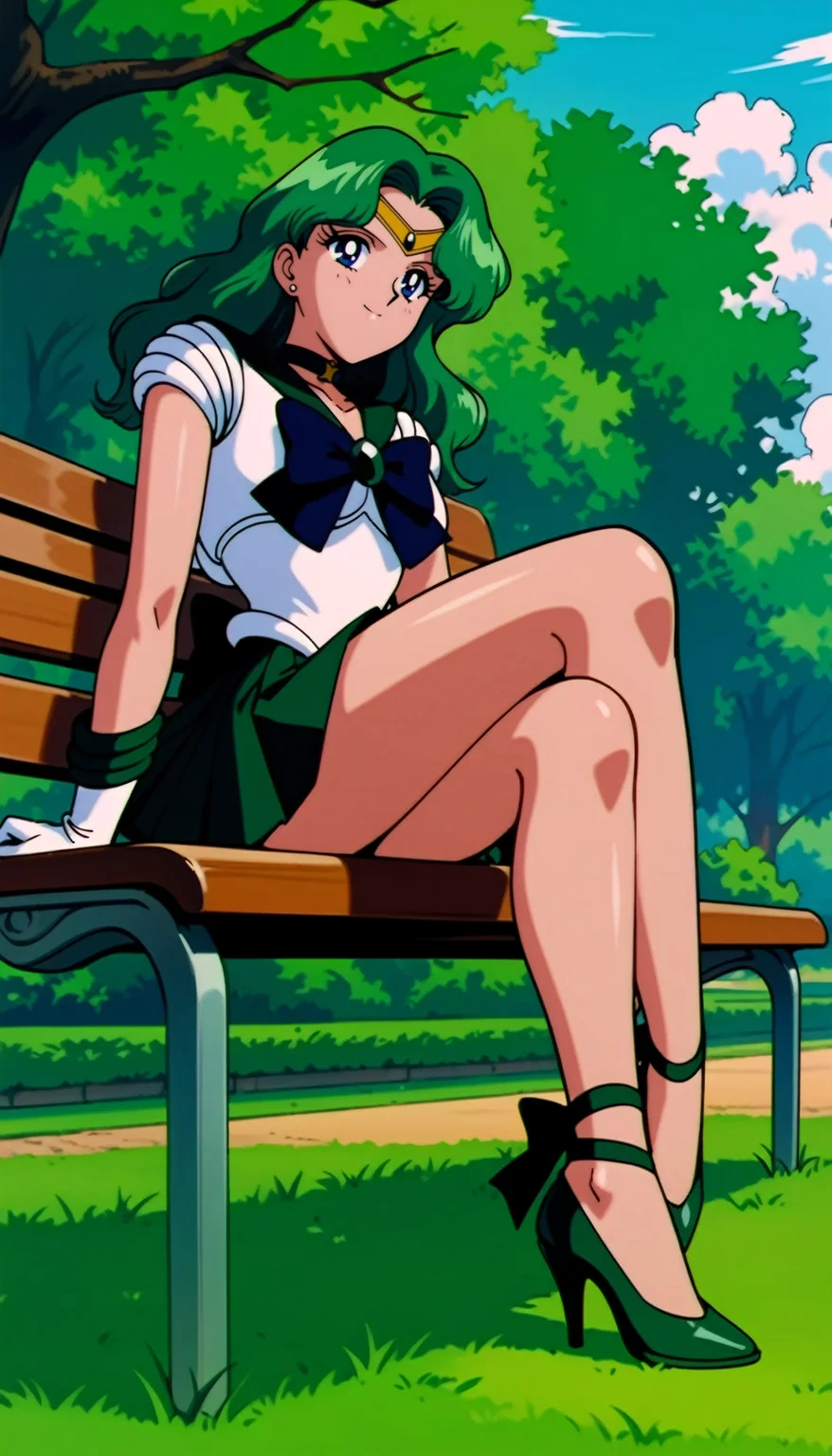 masterpiece,best quality,very aesthetic,ultra detailed,intricate details,<lora:Sailor Neptune XL:0.9>,Sailor Neptune XL,1990s \(style\),1girl,solo,sailor senshi uniform,stud earrings,skirt,gloves,long hair,green eyes,green hair,green skirt,tiara,choker,white gloves,bow,bare legs,strappy heels,park,park bench,sitting,light smile,