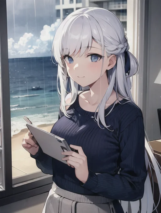 <lora:al_belfast:0.8> belfast, 1girl, knitted sweater, inside, view of ocean out the window, rain, white hair