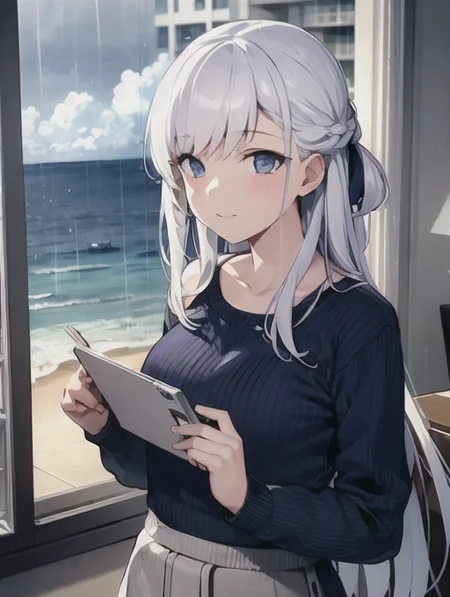 <lora:al_belfast:0.8> belfast, 1girl, knitted sweater, inside, view of ocean out the window, rain, white hair