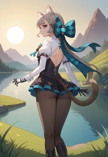 score_9, score_8_up, score_7_up, source_anime, 1girl, lynettedef, purple eyes, grey hair, long hair, braid, small breasts, animal ears, animal ear fluff, cat girl, star (symbol), (cat tail), hair bow, aqua bow, long sleeves, puffy sleeves, frills, black leotard, backless outfit, cleavage, black gloves, black pantyhose, black footwear, boots, expressionless, standing, looking at viewer, outdoors, lake, grass, sun, from behind, back, looking back, <lora:Lynette_v1-000010:1>