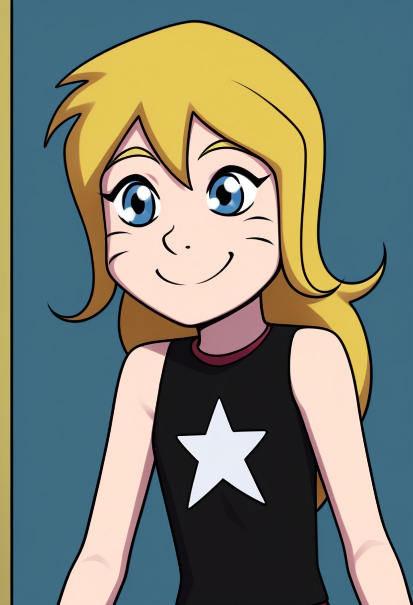 ss_style, ss_lucymann, 1girl,solo,blonde hair,  long hair, blue eyes, smile, star (symbol), sleeveless,black shirt, whisker markings, facial mark, sleeveless shirt,upper body,skirt,smile