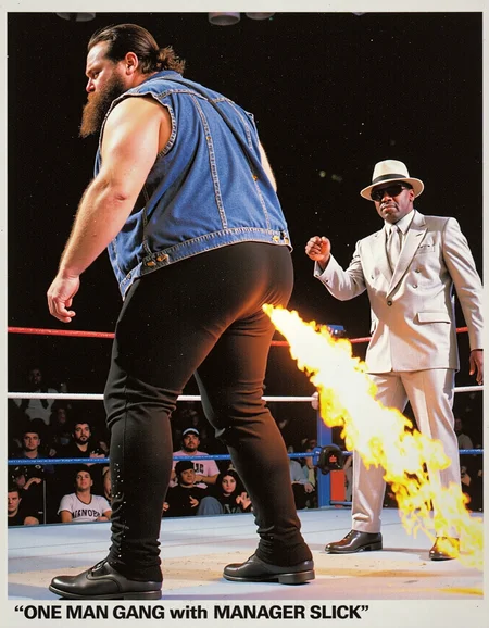 a WWF promotional photo, the tall and fat bearded ONE MAN GANG in a denim vest with black tights leaning forward farting fire from his rear end, to impress swank SLICK the skinny black guy in a nice silver suit and pimp hat in the background. Text in the lower margin ONE MAN GANG with MANAGER SLICK.
