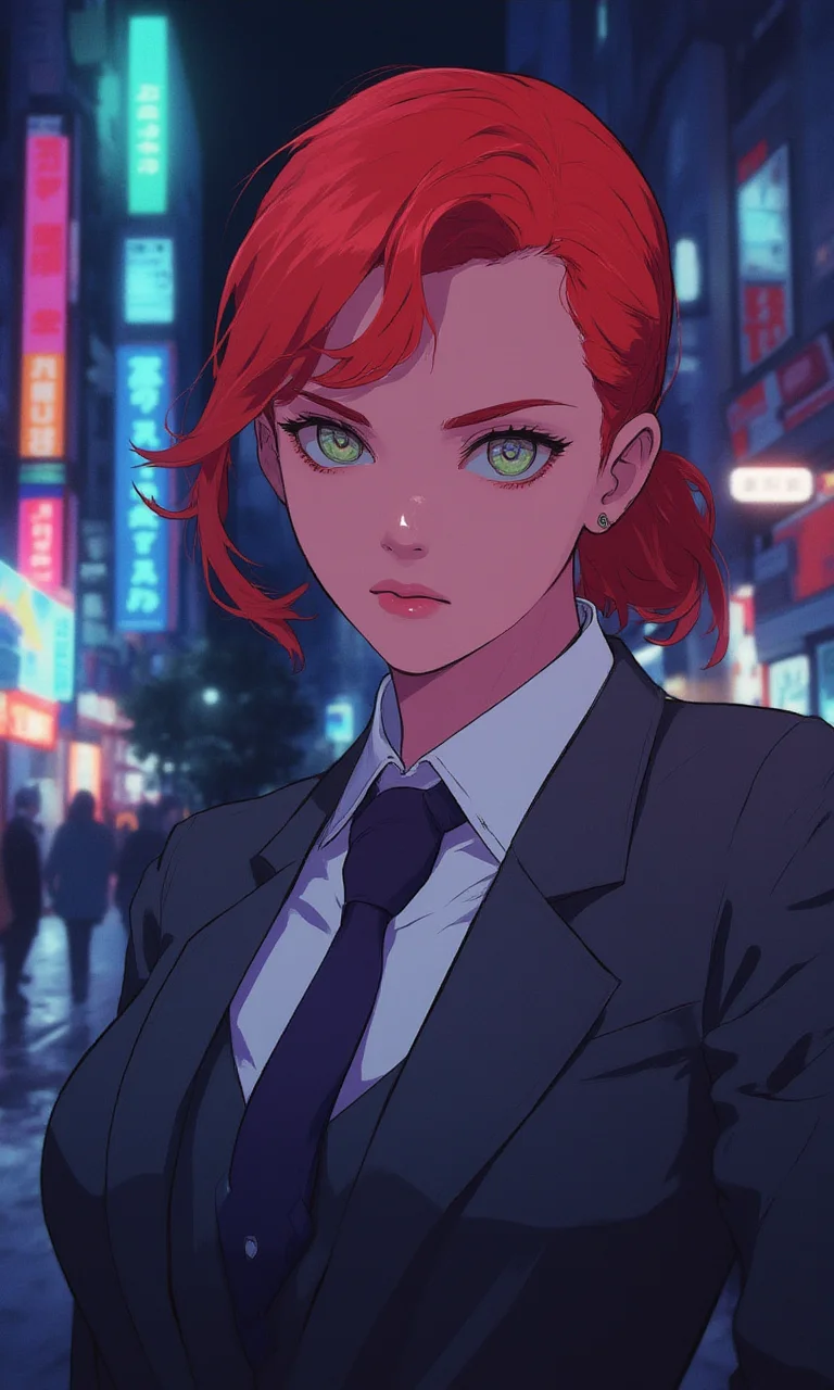 mature woman wearing a suit and tie close up portrait photo , red hair, green eyes, closeup on facecyberpunk anime city at night, comic illustration<lora:Flux\mine\smalleyes.safetensors:0.0:0.0> <lora:Flux\CPA.safetensors:1.0:1.0>