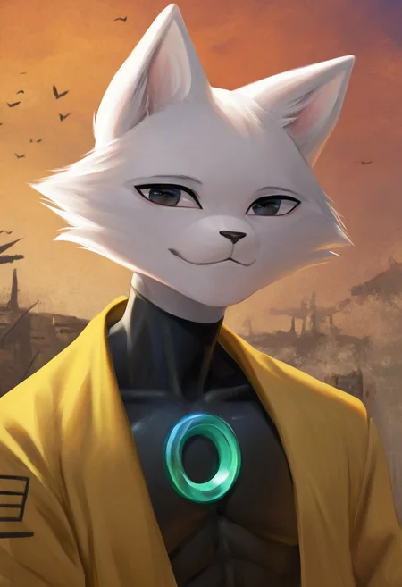Yi[NS], Yi[Nine Sols], white body, white fur, animal ears, black pupils, cat, cat-like, alien, alien like cat, (Male Anthro cat:1.5)
Solo, alone, by himself, 1boy, male.
clothing, clothed, black body suit, black shoes, oversized yellow robe
athletic, athletic body, muscles. (athletic body), (white body:1.1),
HD, digital painting, digital art, masterpiece.
Headshot, head focus, close to face, closeup, bustshot.
Happy emotion, happy. 
Outside, battlefield, ww1. (outside:1.1) 
HD, digital painting, digital art, masterpiece ((headshot)), digital drawing (artwork), digital media (artwork), hi res.  negative_hand. PLNA[Style], Art by PLNA[Style], furry, furry art, cartoon like, anthro,