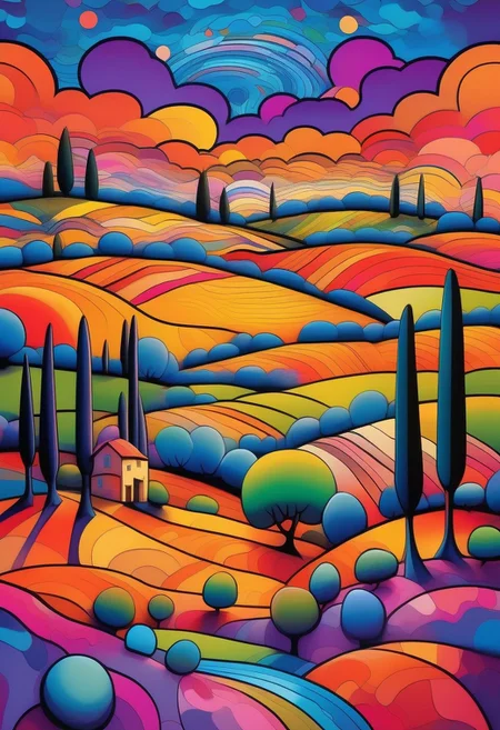 Rolling hills of Tuscany in a vibrant psychedelic style, with bold, surreal colors separated by sharp black lines, creating a stained-glass effect. A small village in the distance with terracotta rooftops and stone walls, stylized with vivid hues of purple, blue, and orange. Cypress trees and wildflowers rendered in exaggerated, kaleidoscopic patterns. Golden sunlight breaking through in fragmented beams, casting a dreamlike glow over the landscape. Highly detailed, surreal composition, inspired by psychedelic art and Italian countryside aesthetics, 8K resolution, vivid and trippy yet harmonious color palette, a mesmerizing and otherworldly mood.