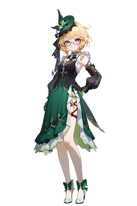 score_9, score_8_up, score_7_up, score_anime, nai3, <lora:YLI 0.1v:0.5>, <lora:style1:0.5>, adult,
8k, best quality, masterpiece, (ultra-detailed), (white background,simple background), solo, (hands on hip:1.1), (full body:1.1), looking at viewer,
<lora:Emilie-pony-Tanger:0.8>, Emilie, default clothes, green dress, 1girl, hat, blonde hair, black gloves, glasses, green headwear, purple eyes, multicolored hair, Split skirt side, detached sleeves, leg rope,