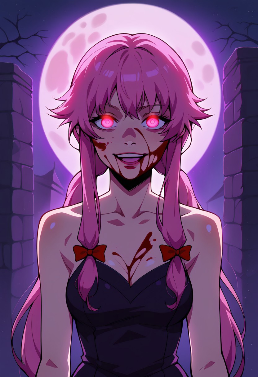 score_9, score_8_up, score_7_up, score_6_up,   <lora:st4t1ctvXLP:1> st4t1ctv, chromatic aberration, dark purple theme, red vignette, 1girl, solo, yuno gasai, long hair, pink eyes, glowing eyes, pink hair, moan, blood on face, blood on hands, low twintails, bare shoulders, black dress, bow, cleavage, collarbone, dress, hair bow, yandere trance, outdoors, dark alley way, night, moon, looking at viewer, close-up, concept art, realistic, dark theme, low light, dark night, cinematic lighting, holding knife, approching, evil smile, scary