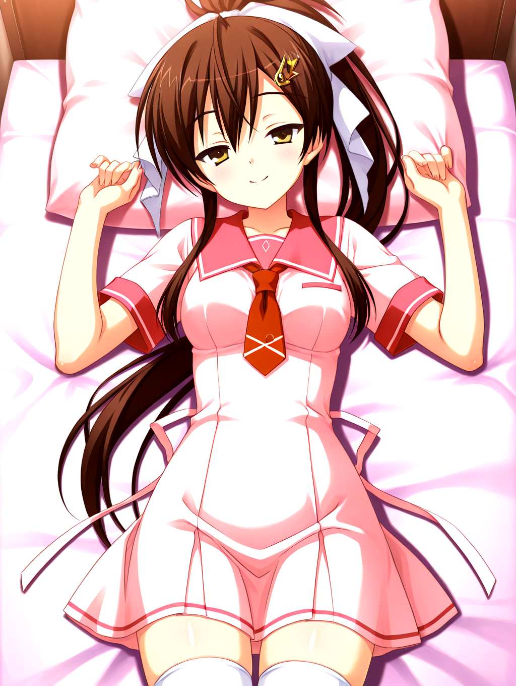 masterpiece,best quality,newest,absurdres,highres,detailed eyes,beautiful,detailed background,solo,perfect eyes,anime coloring,full_shot,anime screencap,
nsfw,explicit,<lora:add-detail-xl:1>,<lora:ponyv4_noob1_2_adamW-000017:0.8>,wear clothes,
1girl,
looking at viewer,lying,on back,peaceful,smiling,>:\),half-closed eyes,school,
pink pillow,lied on quilt, bed,
<lora:il-aoi-tenshin-sera:1>,il-aoi-tenshin,aoiserafuku,1girl,solo,brown hair,pink dress serafuku,yellow eyes,pink dress skirt,long hair,pink long thin on dress,ponytail,square bottom necktie,white thighhighs,