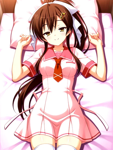 masterpiece,best quality,newest,absurdres,highres,detailed eyes,beautiful,detailed background,solo,perfect eyes,anime coloring,full_shot,anime screencap,
nsfw,explicit,<lora:add-detail-xl:1>,<lora:ponyv4_noob1_2_adamW-000017:0.8>,wear clothes,
1girl,
looking at viewer,lying,on back,peaceful,smiling,>:\),half-closed eyes,school,
pink pillow,lied on quilt, bed,
<lora:il-aoi-tenshin-sera:1>,il-aoi-tenshin,aoiserafuku,1girl,solo,brown hair,pink dress serafuku,yellow eyes,pink dress skirt,long hair,pink long thin on dress,ponytail,square bottom necktie,white thighhighs,