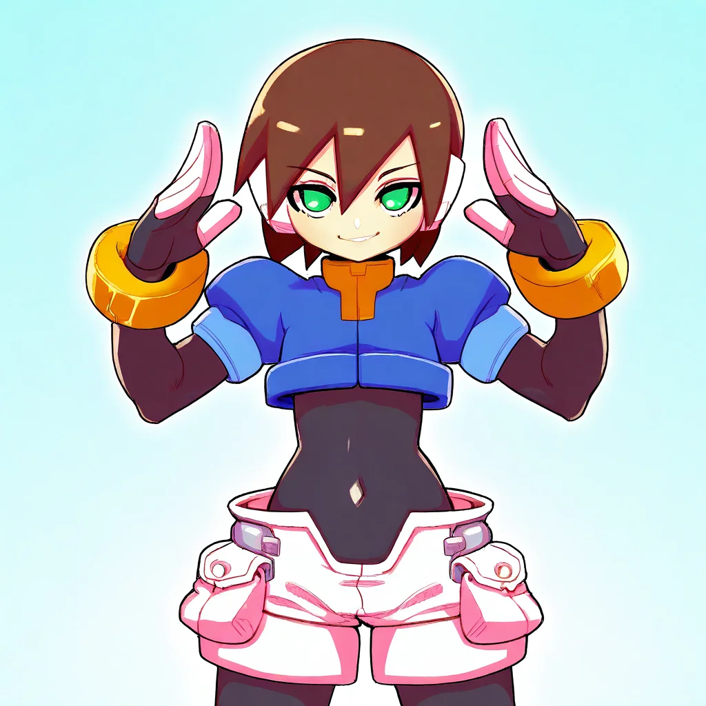 masterpiece, best quality, absurdres, 1girl, female focus, solo, AileZX, HuZX, brown hair, short hair, bangs, bangs between eyes, green eyes, robot ears, black bodystocking, bodystocking, blue jacket, cropped jacket, puffy short sleeves, covered navel, bracelet, fingerless gloves, cargo shorts, white shorts, holding biometal, biometal, biometX, looking at viewer, smug, cowboy shot, straight-on, henshin pose,