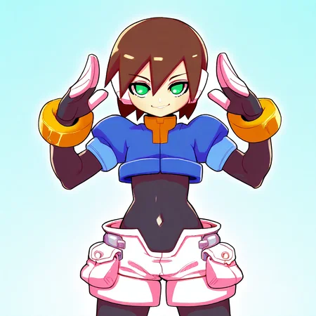 masterpiece, best quality, absurdres, 1girl, female focus, solo, AileZX, HuZX, brown hair, short hair, bangs, bangs between eyes, green eyes, robot ears, black bodystocking, bodystocking, blue jacket, cropped jacket, puffy short sleeves, covered navel, bracelet, fingerless gloves, cargo shorts, white shorts, holding biometal, biometal, biometX, looking at viewer, smug, cowboy shot, straight-on, henshin pose,
