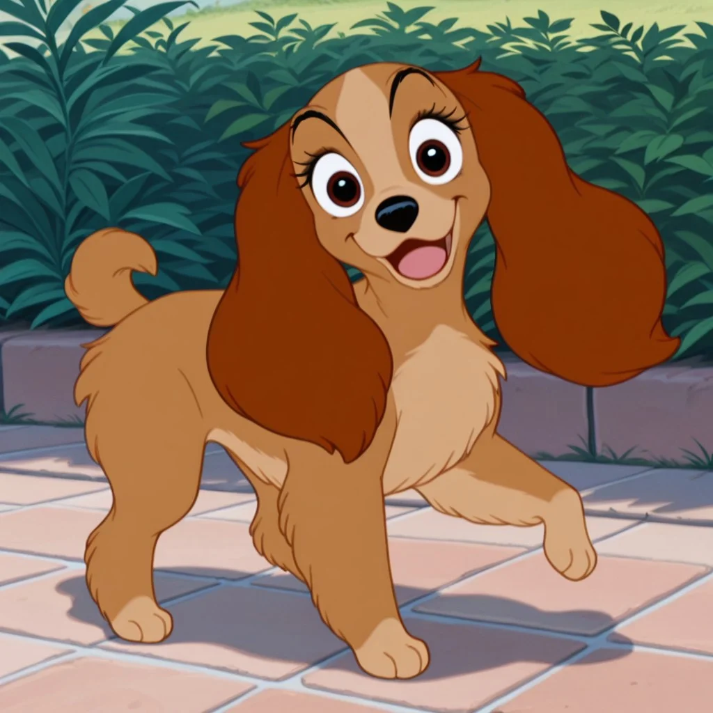 lady, female, dog, disney, cocker spaniel, long brown ears, tan fur, light tan belly, light tan paws, brown eyes, no collar, BREAK score_9, score_8, score_7, no humans, (((full body))), standing, solo, female, feral, hight definition, hyper detailed, best quality, amazing quality, 1girl, cute, cute smile, cute pose, 8k, masterpiece, looking at viewer BREAK dancing, quadruped, happy, friendly, adorable, expressive eyes, sweet, smiling, sassy, open mouth, open eyes, outside, smug