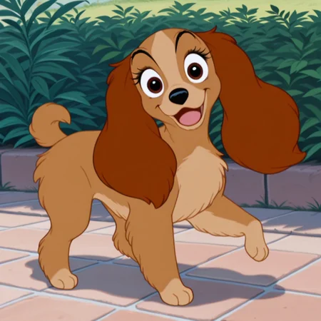 lady, female, dog, disney, cocker spaniel, long brown ears, tan fur, light tan belly, light tan paws, brown eyes, no collar, BREAK score_9, score_8, score_7, no humans, (((full body))), standing, solo, female, feral, hight definition, hyper detailed, best quality, amazing quality, 1girl, cute, cute smile, cute pose, 8k, masterpiece, looking at viewer BREAK dancing, quadruped, happy, friendly, adorable, expressive eyes, sweet, smiling, sassy, open mouth, open eyes, outside, smug
