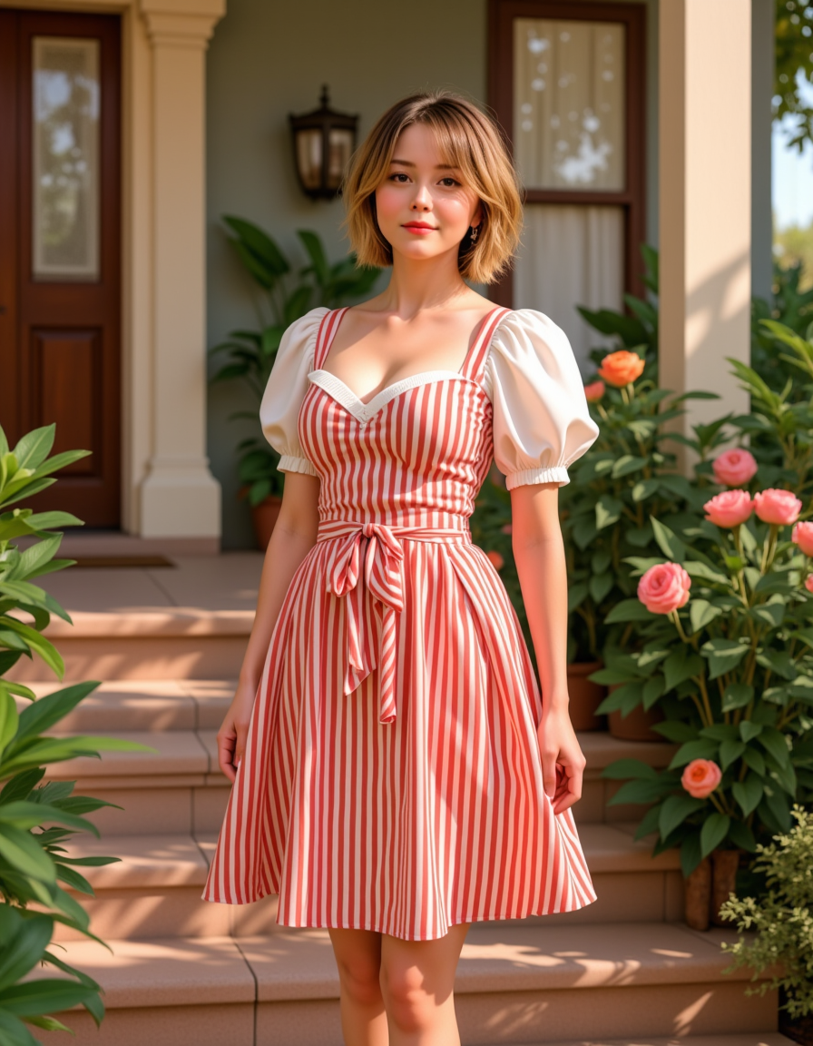midshot,Hyperrealistic, she is smiling, dynamic angles, multiple angles, photoshoot poses; A photo of Zelda v2 noHD, a young woman with a short haircut,a woman with a short haircut, a beautiful young woman with a large bust, she has short hair,  a woman wearing vintage 1950's era verticle striped red and white dress,She is wearing a white off-the-shoulder blouse with ruffled sleeves and busty breasts, white sneakers,. She is standing on a front beautiful front porch decorated with flowers,, and the lighting is soft, creating a dramatic effect., creating a focused and dynamic pose.; the scene is set in a beautiful well-lit environment, with a sense of action and adventure. Style: realistic hyper-detailed rendering, 32k UHD, expressive eyes, punk, graphic design, girl's face, pretty and cute, gleaming lips, telling a tale of adventure. Exuding confidence and serenity. The overall mood of the image is happy and relaxed, detailed skin texture,(blush:0.2),(goosebumps:0.3), subsurface scattering,with a playful and whimsical tone,perfect hand, hand, detailed hand,niji style,retro50s_style,
