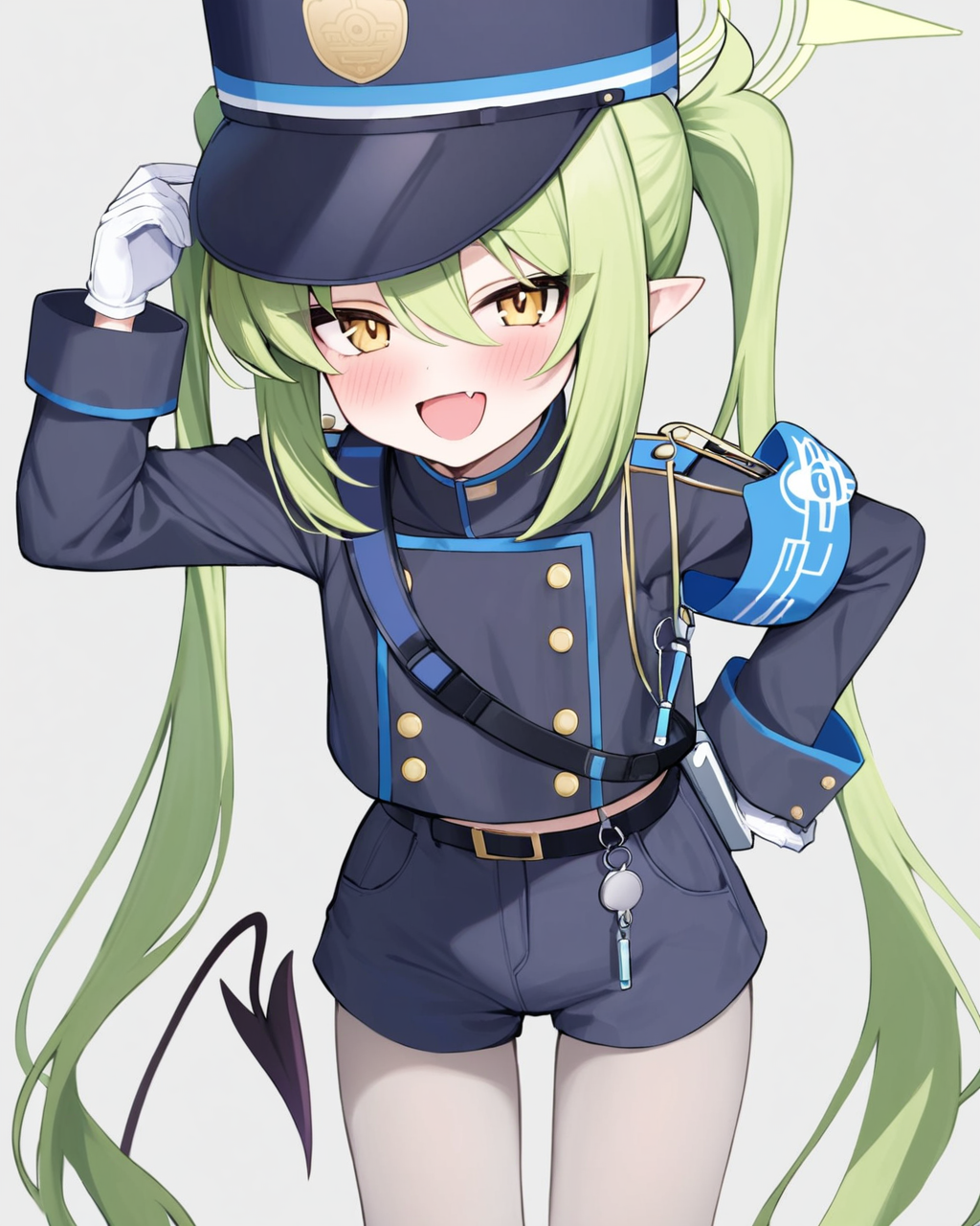 best quality,masterpiece,<lora:nozomi_(blue_archive):1>,!1girl, :d, absurdres, arm_at_side, arm_up, belt_buckle, black_belt, blue_armband, blue_hat, blue_jacket, blue_shorts, blush, closed_jacket, commentary, cowboy_shot, demon_tail, double-breasted, emblem, eyelashes, eyes_visible_through_hair, fang, flat_chest, green_hair, green_halo, grey_pantyhose, grey_shirt, hair_between_eyes, hand_on_headwear, hat_tip, high_collar, highres, kepi, long_bangs, long_sleeves, looking_at_viewer, nozomi_\(blue_archive\), open_mouth, pointy_ears, shoulder_boards, shoulder_strap, sidelocks, simple_background, single_earring, solo, straight-on, twintails, twitter_username, uniform, very_long_hair, whistle, white_background, white_gloves, yellow_eyes