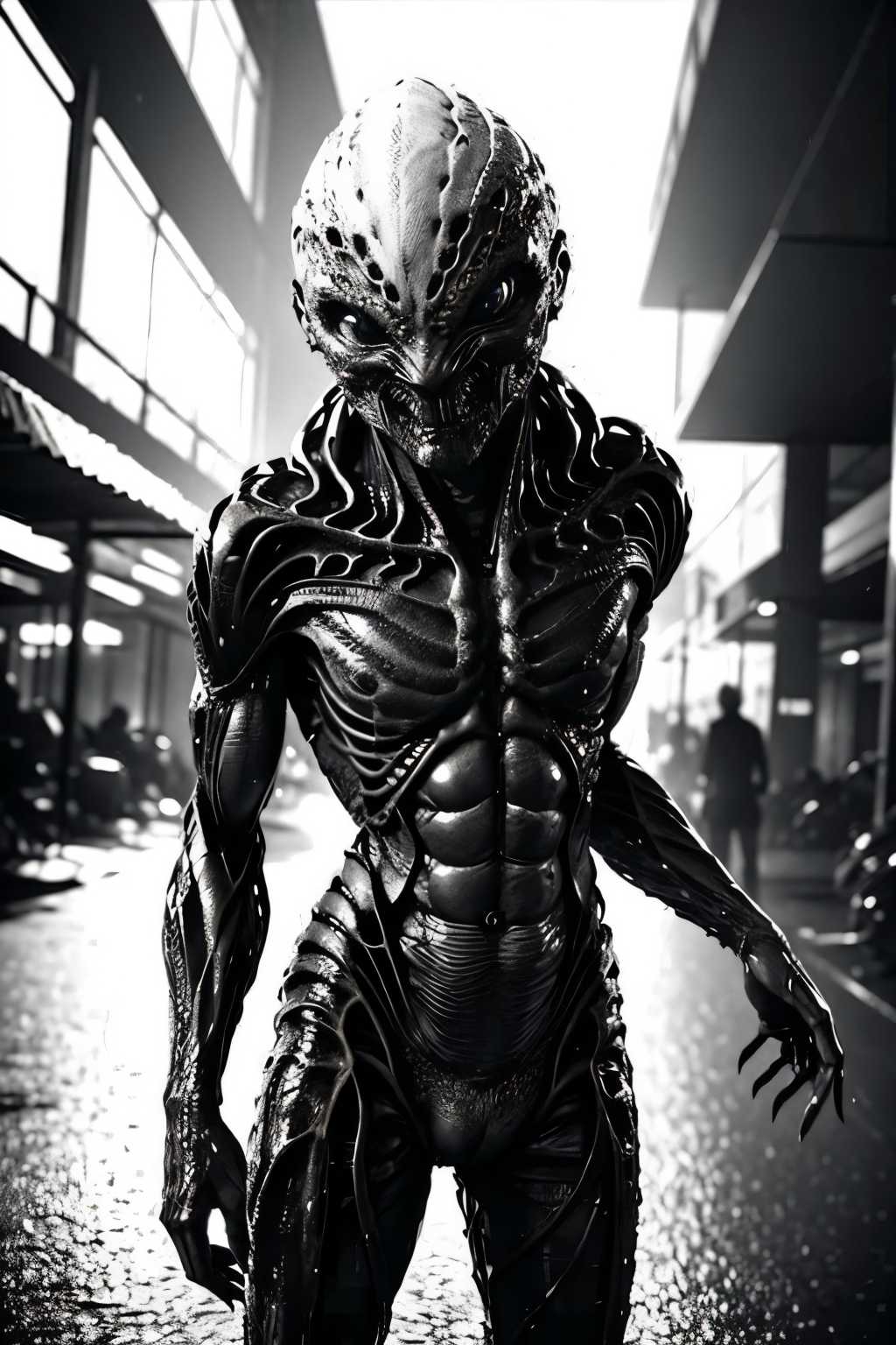 man,  alien, monochrome, man, outdoors, looking_at_viewer, sword, <lora:EdobMonsterMale2_v2.0:0.8>