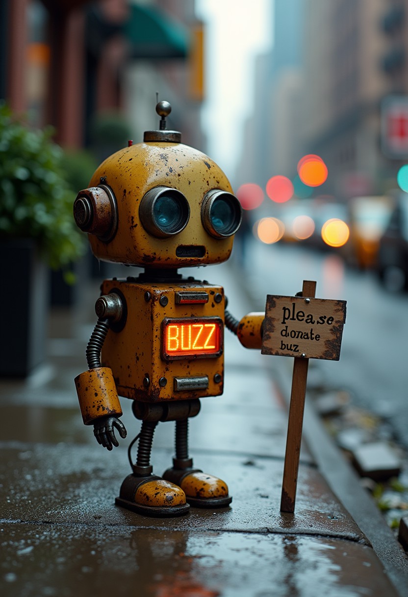 cute tiny dirty and rusty robot standing at the sidewalk of a NY street under the rain with a broken led sign with the text "please donate buzz", photography, high quality photo, stock photo quality, 8k, cinematic exposure.