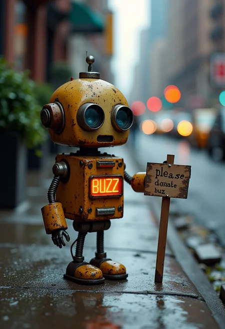 cute tiny dirty and rusty robot standing at the sidewalk of a NY street under the rain with a broken led sign with the text "please donate buzz", photography, high quality photo, stock photo quality, 8k, cinematic exposure.