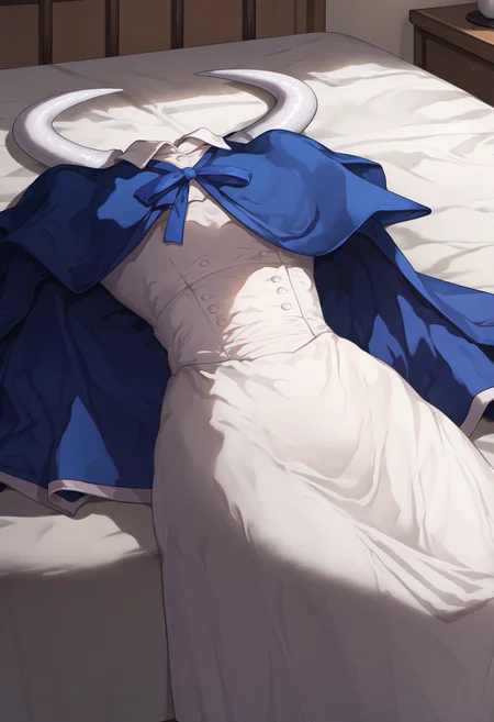 Prompt,
score_9,score_8_up,score_7_up,source_anime, <lora:clothes_removed:1> clothes removed, no humans,bed <lora:ulti-pdxl-nvwls-v1:0.5> ahoge , blue cape, white shirt, long sleeves, neck ribbon, (light blue skirt, high-waist skirt) BREAK (white horns laying on bed)
