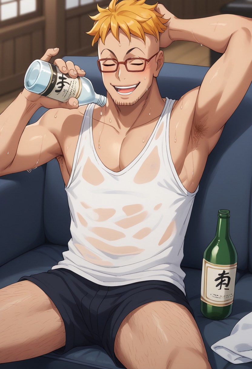 score_9, score_8_up, score_7_up, source_anime, rating_explicit, holding bottle, steam, wet, MarcoOP, black_Marco_facial hair, (blonde_Marco_hair), red_Marco_glasses, closed eyes, 1boy, male focus, tank top, shorts, leg hair, wet clothes, drunk man, blushing, sweating, arm up, armpit, wide smile, laughing, hands with five fingers, sitting, legs apart, blurry indoors, couch, from above, happy-cheery, cute wallpaper