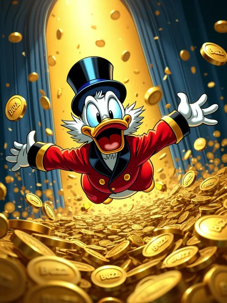Uncle Scrooge McDuck gleefully diving into a sea of glistening golden 'Buzz' coins in his opulent vault. Vibrant metallic coins catch the light, creating a dazzling spectacle. Scrooge's iconic red coat and black top hat stand out against the shimmering gold backdrop. The vault's rich blue walls contrast sharply with the golden treasure. Coins embossed with 'Buzz' in bold lettering scatter as Scrooge swims. Dramatic lighting casts long shadows, emphasizing the depth of the coin pile. Crystal-clear details on Scrooge's expressions of pure joy and the intricate coin designs. Splashes of gold create dynamic motion in this high-energy, luxurious scene