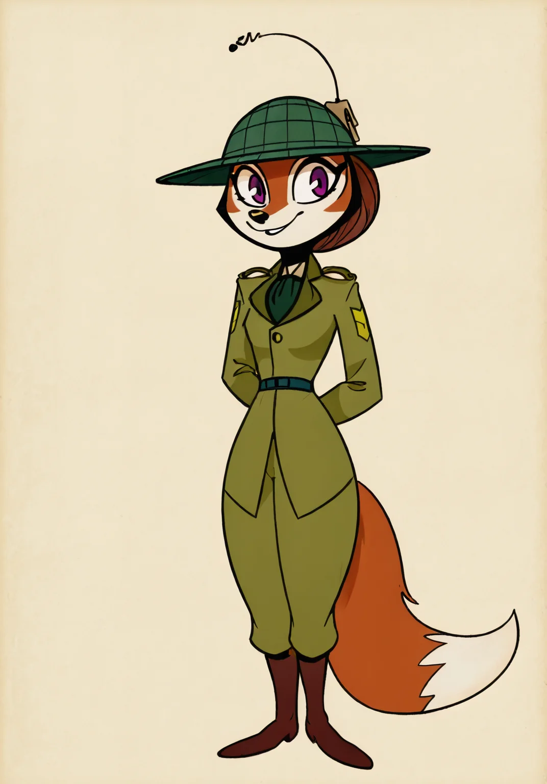 score_9, score_8_up,masterpiece, best quality, amazing quality, masterpiece, best quality, amazing quality, very aesthetic, high resolution, ultra-detailed, absurdres, newest, Simple background, full body, solo, 1girl, hands behind back, aloof, cheeky smile, sly expression, Mouritzeen, fox, purple eyes, red fur, white face, expressive eyebrows, military uniform, olive green jacket, green pith helmet, retro military style,