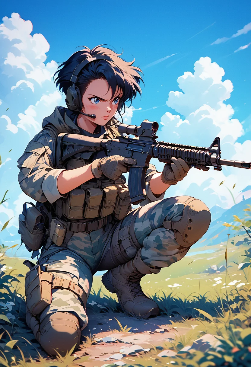 (score_9, score_8_up), score_7_up, 1girl, short hair, blue eyes, black hair, gloves, holding, weapon, boots, outdoors, sky, day, pants, cloud, holding weapon, blue sky, gun, military, grass, holding gun, rifle, headset, assault rifle, knee pads, one knee, trigger discipline, camouflage, scope, load bearing vest, retro
<lora:nostalgia-000011:0.7> <lora:warcore-000011:0.8>