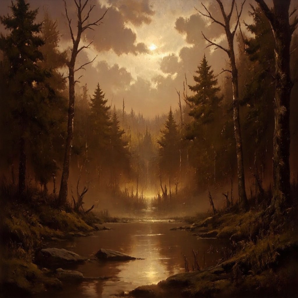 Dark-Fantasy-Cardd-V.2.0 style dark fantasy oil painting with detailed eyes that features The forest scene transforms into a hauntingly serene landscape, rendered in sepia tones and infused with a mystical, nocturnal atmosphere. The towering evergreen trees now appear as dark silhouettes against a glowing sky, with the clouds replaced by a large, full moon that bathes the entire forest in a soft, ethereal light. The mist that once covered the forest floor is now enhanced, swirling with a ghostly quality, reflecting the moonlight in shimmering pools. Shadows stretch long across the ground, adding depth and a sense of quiet isolation. The patches of sunlight are replaced by faint glimmers of starlight, which gently twinkle above, creating a peaceful yet eerie mood. The entire forest feels timeless and ancient, as if wrapped in a quiet, dreamlike stillness, where each tree and blade of grass is touched by the soft glow of the night, evoking an otherworldly calm.