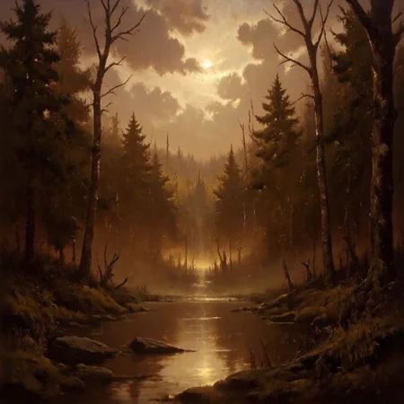Dark-Fantasy-Cardd-V.2.0 style dark fantasy oil painting with detailed eyes that features The forest scene transforms into a hauntingly serene landscape, rendered in sepia tones and infused with a mystical, nocturnal atmosphere. The towering evergreen trees now appear as dark silhouettes against a glowing sky, with the clouds replaced by a large, full moon that bathes the entire forest in a soft, ethereal light. The mist that once covered the forest floor is now enhanced, swirling with a ghostly quality, reflecting the moonlight in shimmering pools. Shadows stretch long across the ground, adding depth and a sense of quiet isolation. The patches of sunlight are replaced by faint glimmers of starlight, which gently twinkle above, creating a peaceful yet eerie mood. The entire forest feels timeless and ancient, as if wrapped in a quiet, dreamlike stillness, where each tree and blade of grass is touched by the soft glow of the night, evoking an otherworldly calm.