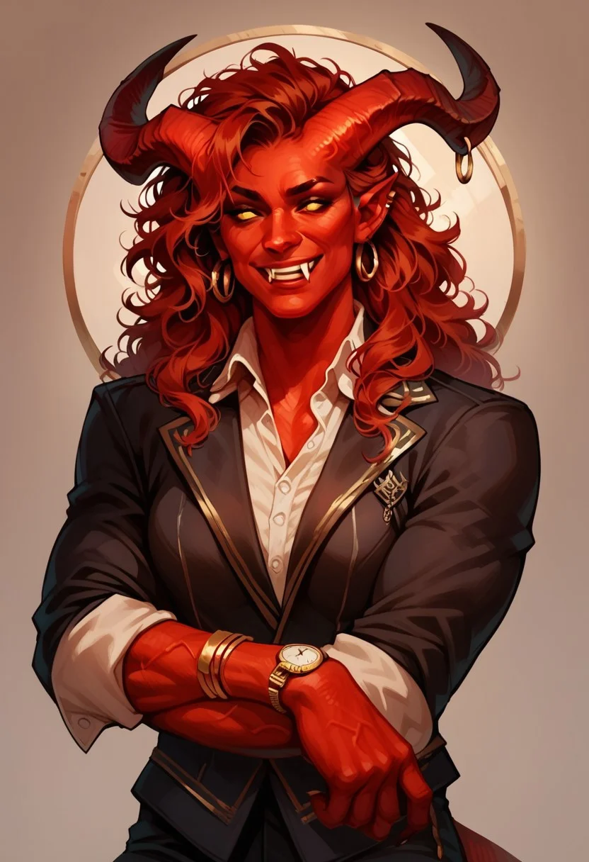 score_9, score_8_up, score_7_up, score_6_up, score_5_up, score_4_up, 1girl, tiefling, red skin, red hair, messy hair, long hair, big horns, muscles, fangs, ear piercings, gold jewelry, satin blazer, sleeves rolled up, gold watch, veins,