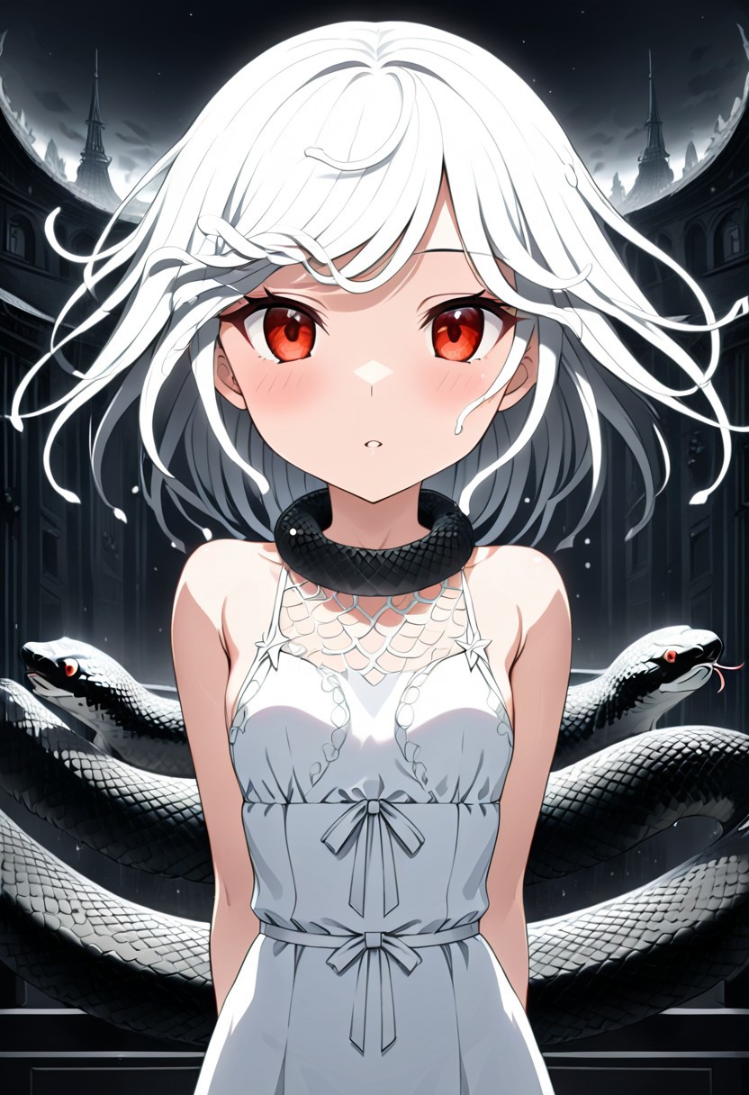 source anime, anime style, official art, "Sengoku Nadeko wrapped by a pale white snake around her neck, glowing under soft, eerie lighting, surrounded by detailed scales, mixed with a surreal and unsettling atmosphere, photorealistic textures." white_hair, red_eyes, medium_hair, snake_hair, small_breasts, WHITE DRESS, <lora:SDXLFaeTastic2400:0.4> <lora:extremely_detailed:0.4> extremely detailed, <lora:sn4ke:1>,sn4ke, Masterpiece,best quality,hi res,8k,hi res,8k,award winning,(sharp focus, intricate, highly detailed), rating:safe