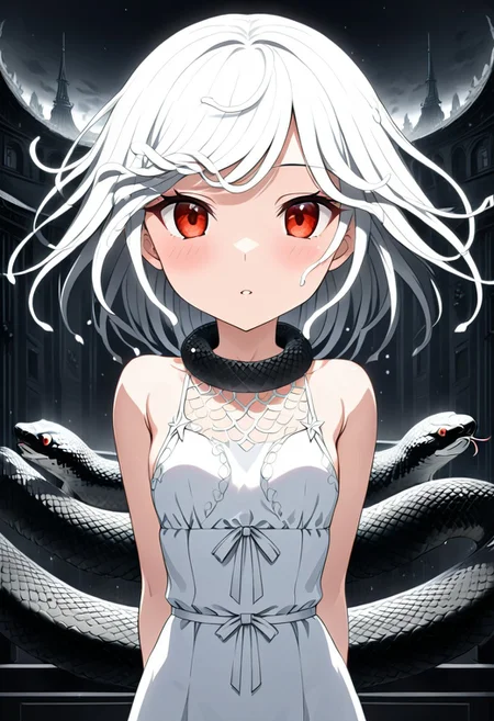 source anime, anime style, official art, "Sengoku Nadeko wrapped by a pale white snake around her neck, glowing under soft, eerie lighting, surrounded by detailed scales, mixed with a surreal and unsettling atmosphere, photorealistic textures." white_hair, red_eyes, medium_hair, snake_hair, small_breasts, WHITE DRESS, <lora:SDXLFaeTastic2400:0.4> <lora:extremely_detailed:0.4> extremely detailed, <lora:sn4ke:1>,sn4ke, Masterpiece,best quality,hi res,8k,hi res,8k,award winning,(sharp focus, intricate, highly detailed), rating:safe