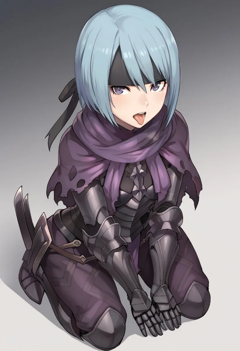 antiBlurV2, high quality, solo, Beruka, headband, purple scarf, black armor, black metal gauntlets, pants, on knees, open mouth, tongue out, high angle,