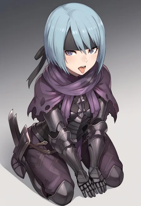 antiBlurV2, high quality, solo, Beruka, headband, purple scarf, black armor, black metal gauntlets, pants, on knees, open mouth, tongue out, high angle,