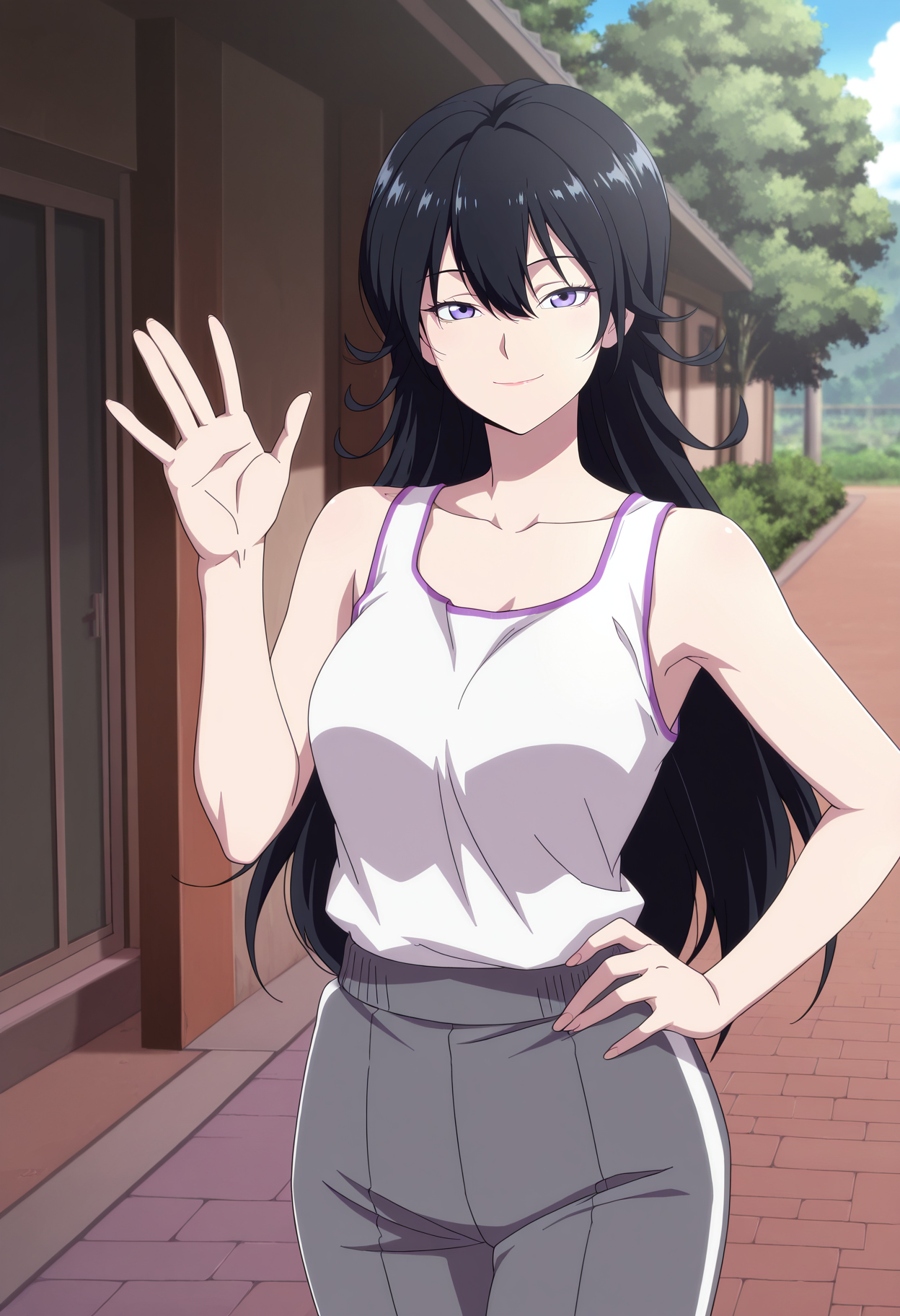 1girl,solo,mm,mature female,black hair,long hair,bangs,hair between eyes,purple eyes,breasts,anime coloring,
tank top,track pants,hand on own hip, waving, looking at viewer, smile,outdoors, 
,masterpiece,best quality,amazing quality,<lora:Duna_Lee-The_Girl_Downstairs:0.8>
