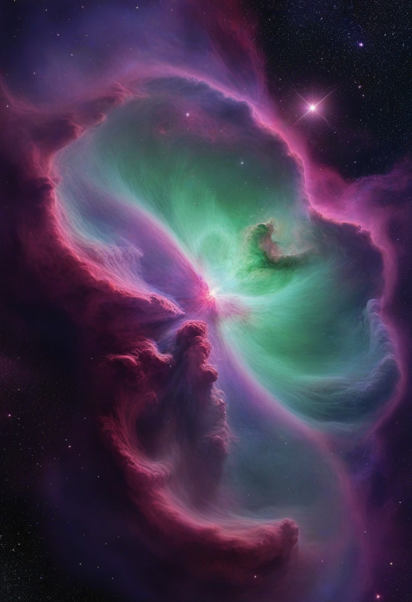 Stunning nebula in space, dynamic colors, purple and green, stars in background, hyper realistic