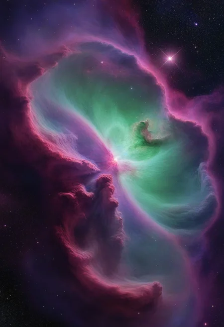 Stunning nebula in space, dynamic colors, purple and green, stars in background, hyper realistic