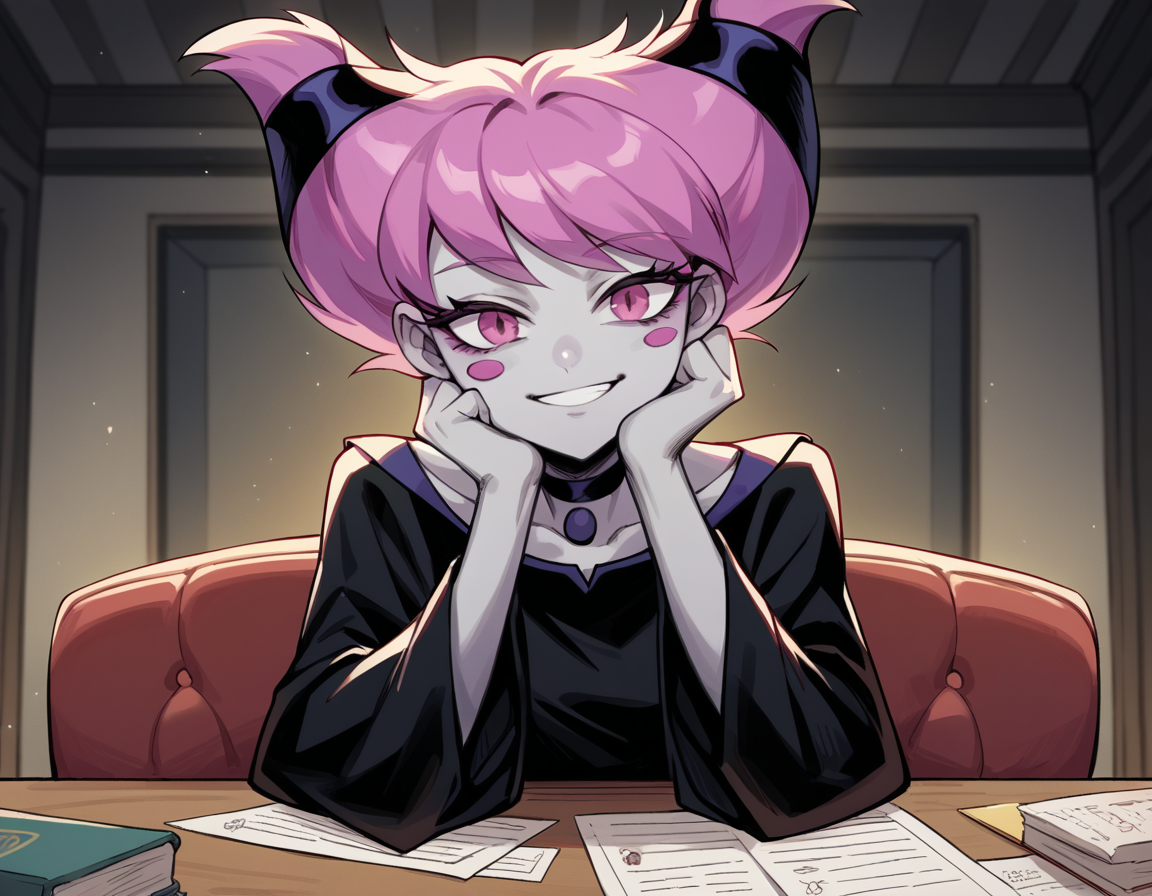 score_9, score_8_up, score_7_up, source_anime, <lora:jinx-dc-ponyxl-lora-nochekaiser_r1:1>, jinx, jinx (dc), colored skin, grey skin, hair horns, pink eyes, pink hair,, choker, long sleeves, pantyhose, striped clothes, striped pantyhose, black dress, wide sleeves, collarbone,, indoors, smile, looking at viewer, solo, sitting, head rest, table,, cowboy shot, dutch angle