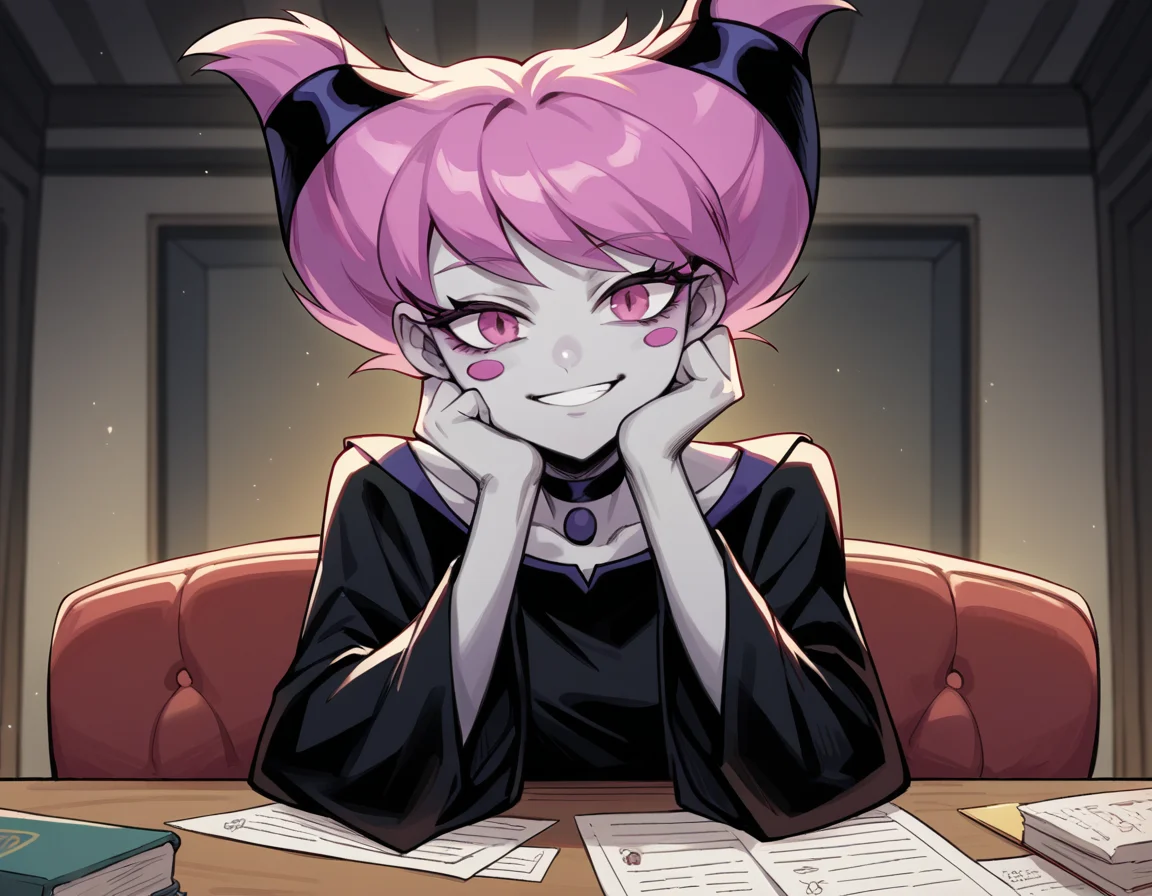 score_9, score_8_up, score_7_up, source_anime, <lora:jinx-dc-ponyxl-lora-nochekaiser_r1:1>, jinx, jinx (dc), colored skin, grey skin, hair horns, pink eyes, pink hair,, choker, long sleeves, pantyhose, striped clothes, striped pantyhose, black dress, wide sleeves, collarbone,, indoors, smile, looking at viewer, solo, sitting, head rest, table,, cowboy shot, dutch angle