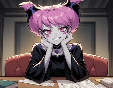 score_9, score_8_up, score_7_up, source_anime, <lora:jinx-dc-ponyxl-lora-nochekaiser_r1:1>, jinx, jinx (dc), colored skin, grey skin, hair horns, pink eyes, pink hair,, choker, long sleeves, pantyhose, striped clothes, striped pantyhose, black dress, wide sleeves, collarbone,, indoors, smile, looking at viewer, solo, sitting, head rest, table,, cowboy shot, dutch angle