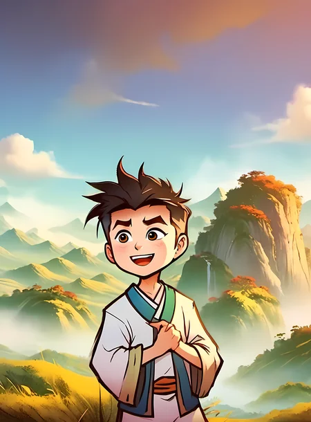 wide shot, Xiao Ming is a cute seven or eight year-old Chinese boy with white shirt, XiaoMing is chatting and laughing with his friends,prairie background, cartoon style, high saturation and beautiful colors, cinematic lighting, ancient style, ink style, <lora:ink-xl-v1:1>