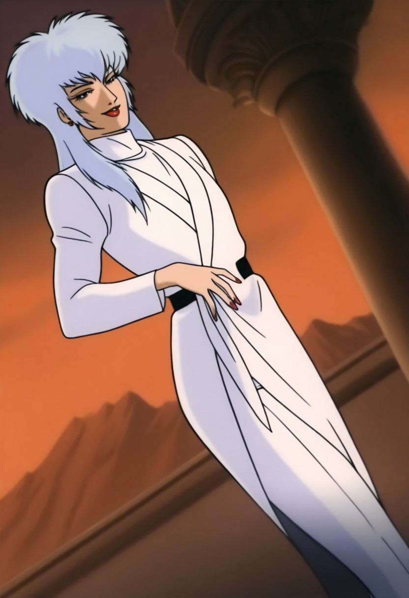MerillYanagawaCCO, 1boy, solo, androgynous, albino, white hair, very long hair, thick hair, bangs, red eyes, eyelashes, nose, lips, red lipstick, makeup, white formal suit, white jacket, long sleeves, white turtleneck, black belt, white pants, white shoes, high heels, red nails, red stud earrings, ring,
,seductive pose, sexy pose, tease, 
masterpiece, best quality, ultra-detailed, very aesthetic, detailed background, very aesthetic, newest, scenery, highres, 4k, absurdres, 8k, colorful,vibrant, glowing, perfect face, 2d, perfect eyes, detailed eyes, 
 masterpiece, best quality, ultra-detailed, very aesthetic, newest, scenery, absurdres, perfect anatomy, , perfect face, perfect eyes, mature body, clear eyes, beautiful eyes, athletic, curvy body, athletic.  pinup pose, teasing, lustful expression,
, dutch angle,
naughty smile,
,detailed eyes,Smooth Negative, highres, absurdres,