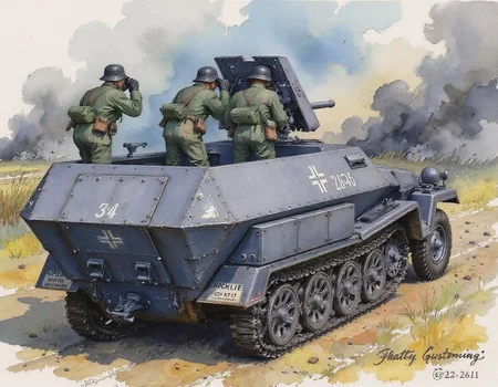 A watercolor of a German self-propelled gun resupplying with ammunition. An atmospheric scene of relief during a fierce battle, conversation, debris, smoke in the distance. <lora:FluxWatercolor:0.8> Jedwtclr, watercolor, <lora:sd-kfz-251-10:1>sd-kfz-251-10:ã
A German WWII combat vehicle equipped with a 37mm anti-tank gun on an open-top half-track.View from the rear left.Three German soldiers in a firing position.One of them is checking the target with binoculars.German identification mark of a cross.soldiers are wearing helmets and field green uniforms.