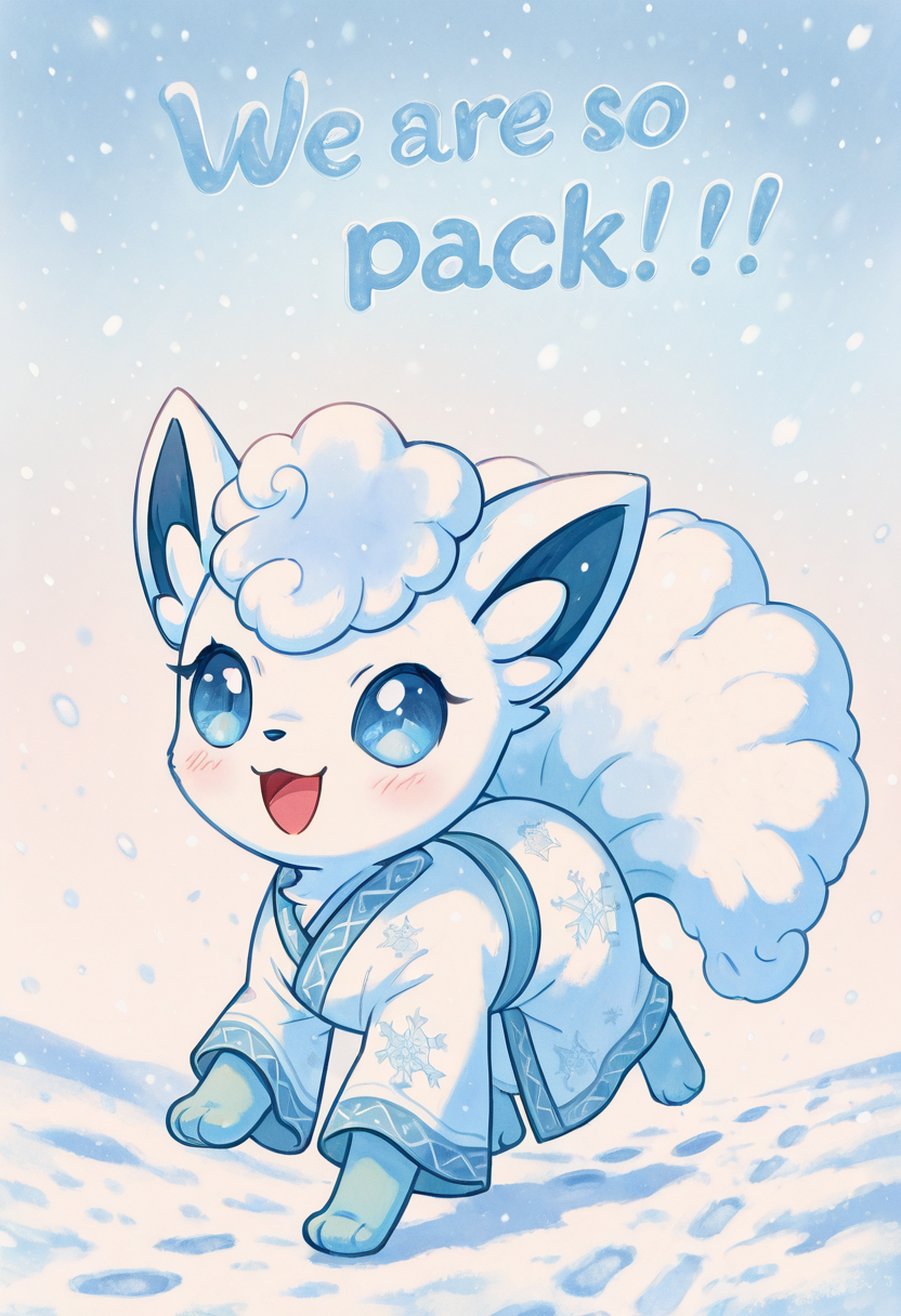masterpiece, best quality, 1girl, solo, eyelashes, (beautiful eyes),    We4reSoB4ck, text, ,<lora:We4reSoB4ck_IXL_v1:1.0>,   zzVulpixA, :3, :d, animal,  clothed pokemon, open mouth, robe, shadow, simple background, smile, snow, snowflake print, toes, walking, white background, looking at viewer, blush, standing, full body, running, snowing, footprints,   foreshortening,  (upper body), smile, looking at viewer, gradient background,   ,<lora:VulpixAlolanPokedex_IXL_v1:1.0>,