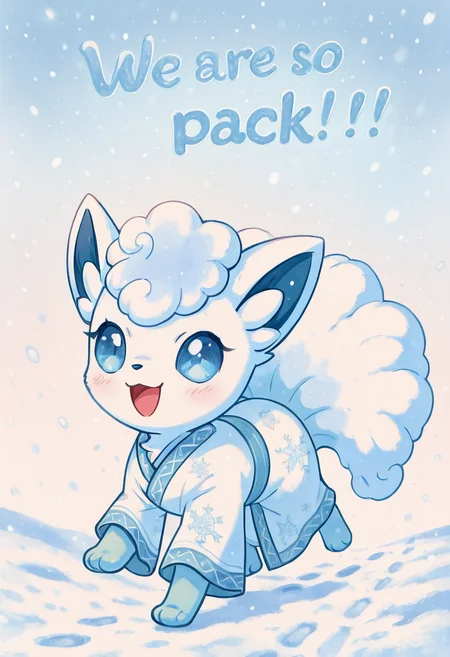 masterpiece, best quality, 1girl, solo, eyelashes, (beautiful eyes), We4reSoB4ck, text, ,<lora:We4reSoB4ck_IXL_v1:1.0>, zzVulpixA, :3, :d, animal, clothed pokemon, open mouth, robe, shadow, simple background, smile, snow, snowflake print, toes, walking, white background, looking at viewer, blush, standing, full body, running, snowing, footprints, foreshortening, (upper body), smile, looking at viewer, gradient background, ,<lora:VulpixAlolanPokedex_IXL_v1:1.0>,