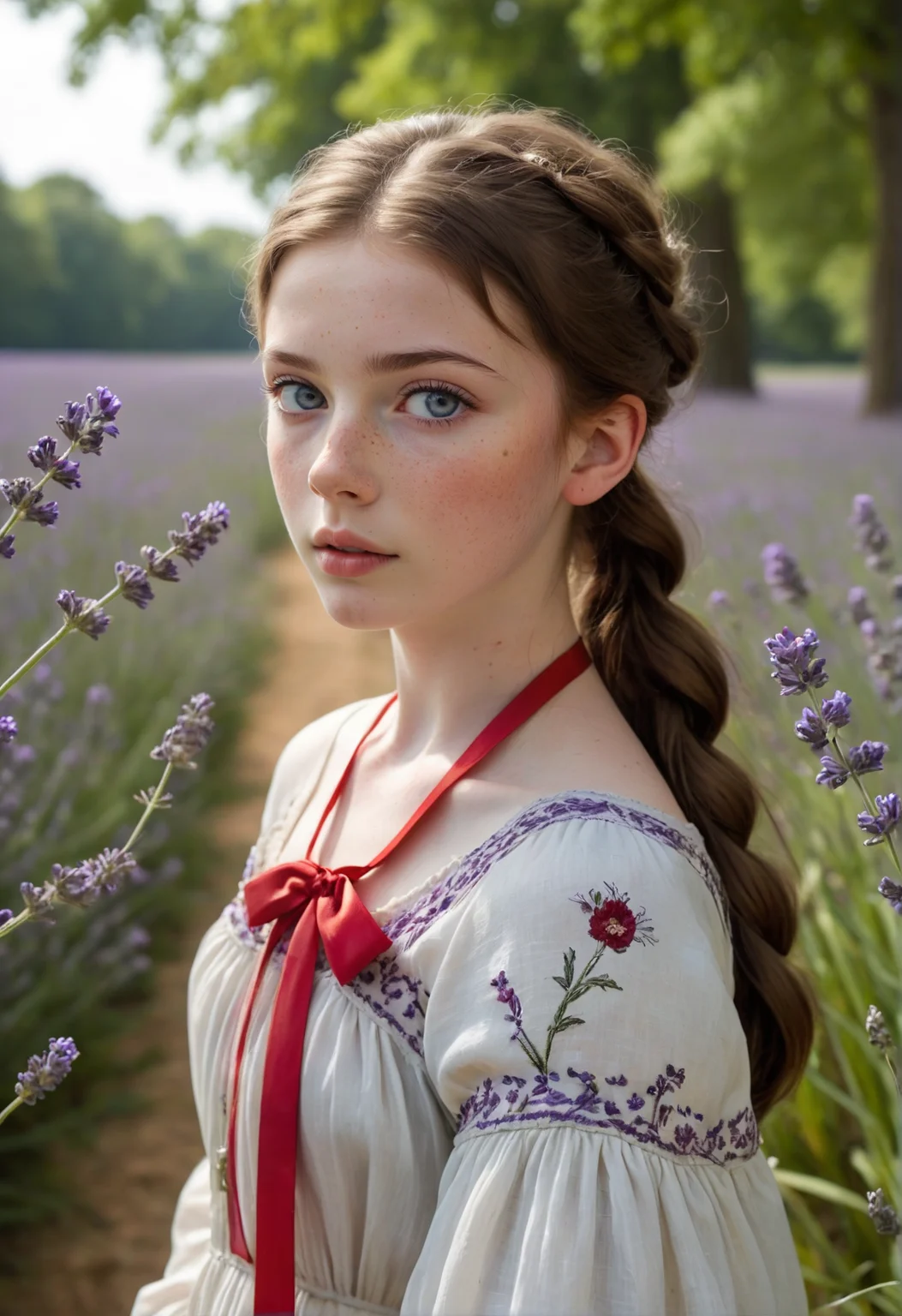 close-up of 1girl, young woman, (looking away:1.3), wearing a floral embroided shawl that complements her regency-era white muslin dress, with red ribbons in her side-braided hair, and a cute ribbon choker around her neck, walking gracefully through a lavender field, surrounded by tall grand oak trees, during a cool summers day. subtle makeup draws attention to her large expressive eyes and lips. (luc14nn4, freckles on her nose, long hair, brown hair, expressive blue eyes, soft pale skin.)