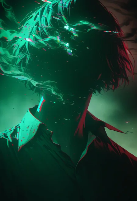 did vaporwave style, solo, 1boy, male focus, shirt, upper body, collared shirt, abstract, short hair, face halo, no face, vapor, smoke, glitch, horror (theme), glowing, , cinematic lighting, cinematic angle, official art, best quality, masterpiece