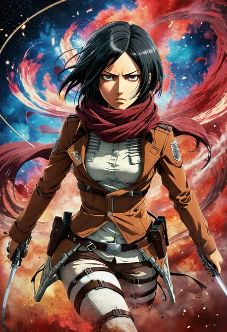 Mikasa Ackerman (Attack on Titan) in a dynamic pose, determined expression, galaxy hair swirling around her, nebulae resembling battle smoke, stars like piercing weapons, (symbolism:1.3), bold colors, textured background, stylized like a tarot card