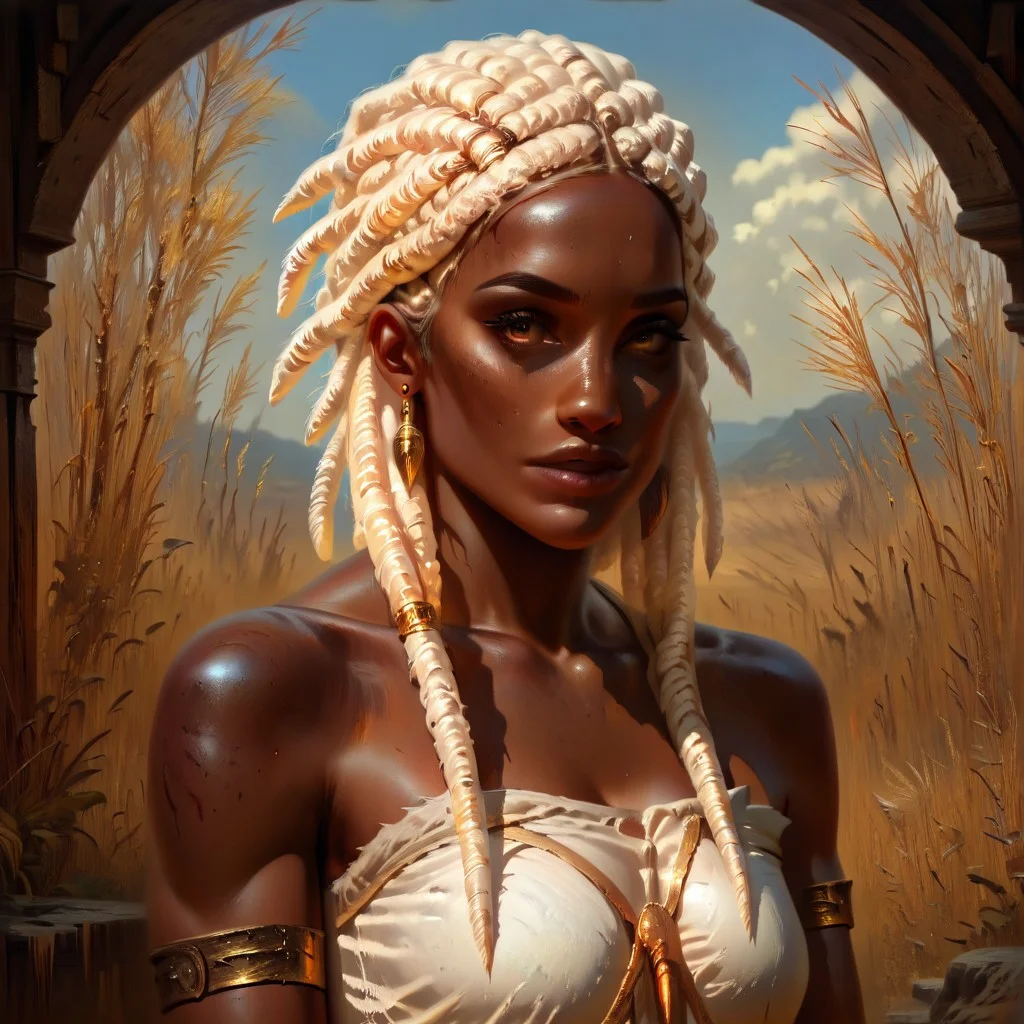 masterpiece, best quality, newest, absurdres, highres, DFOP-V3.0, oil painting, realistic, 1girl, dark skin, dark-skinned female, dredlocks, white dreadlocks, african, african female,